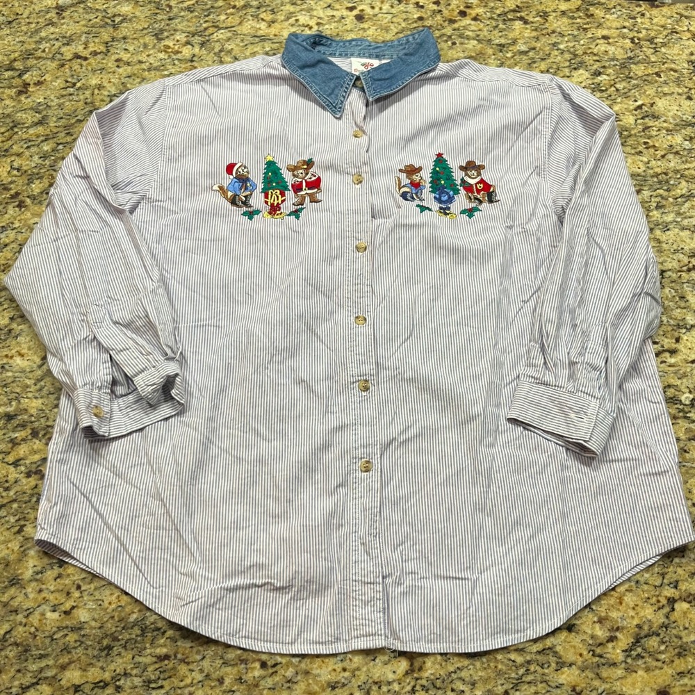 NutCracker Plus Size Christmas Cat Cowboy Embroidered Striped Shirt 24W Blue